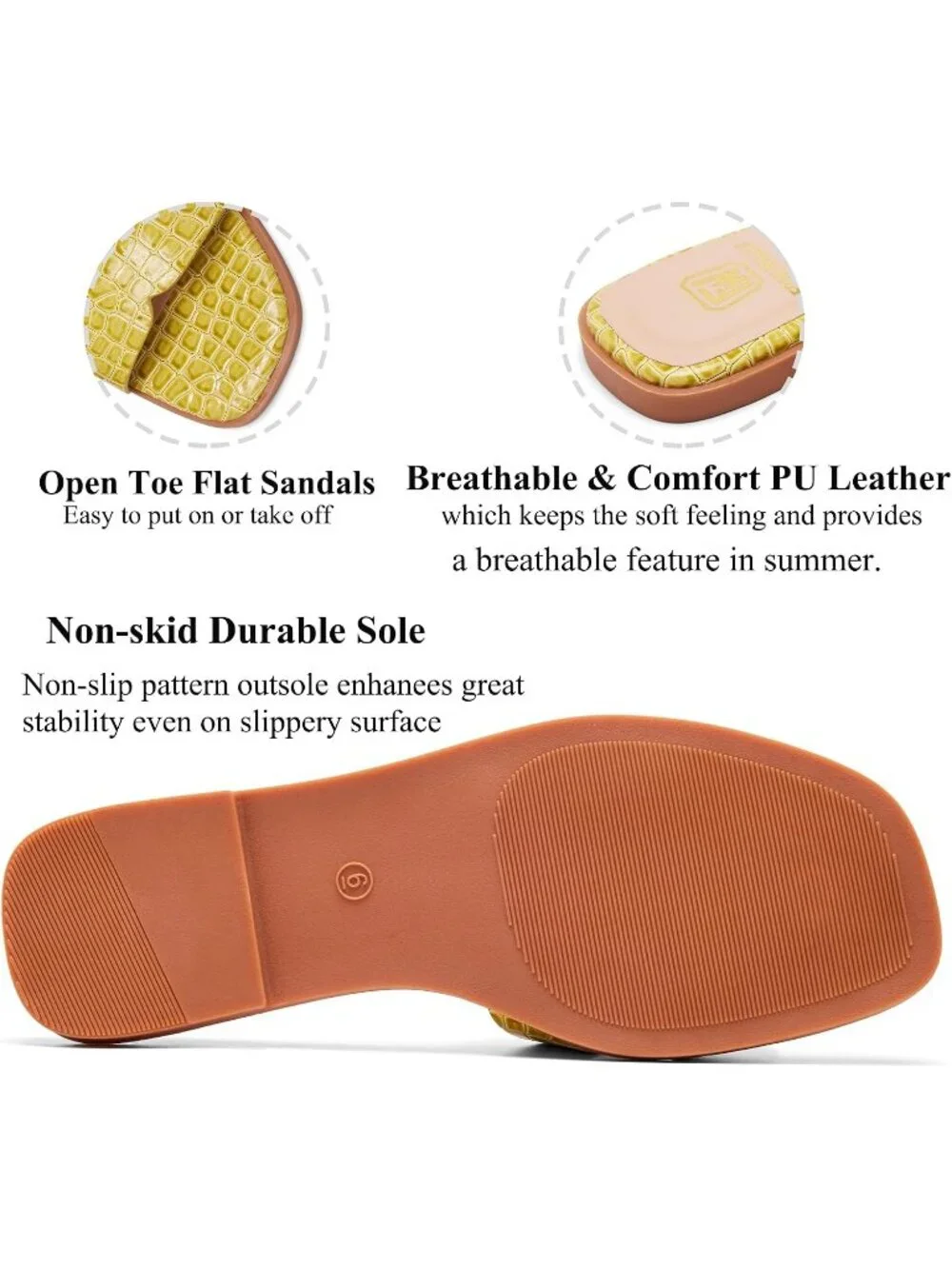 Women's Green Flat Comfortable Slides Fashion Square Open Toe Slip Beach Sandal